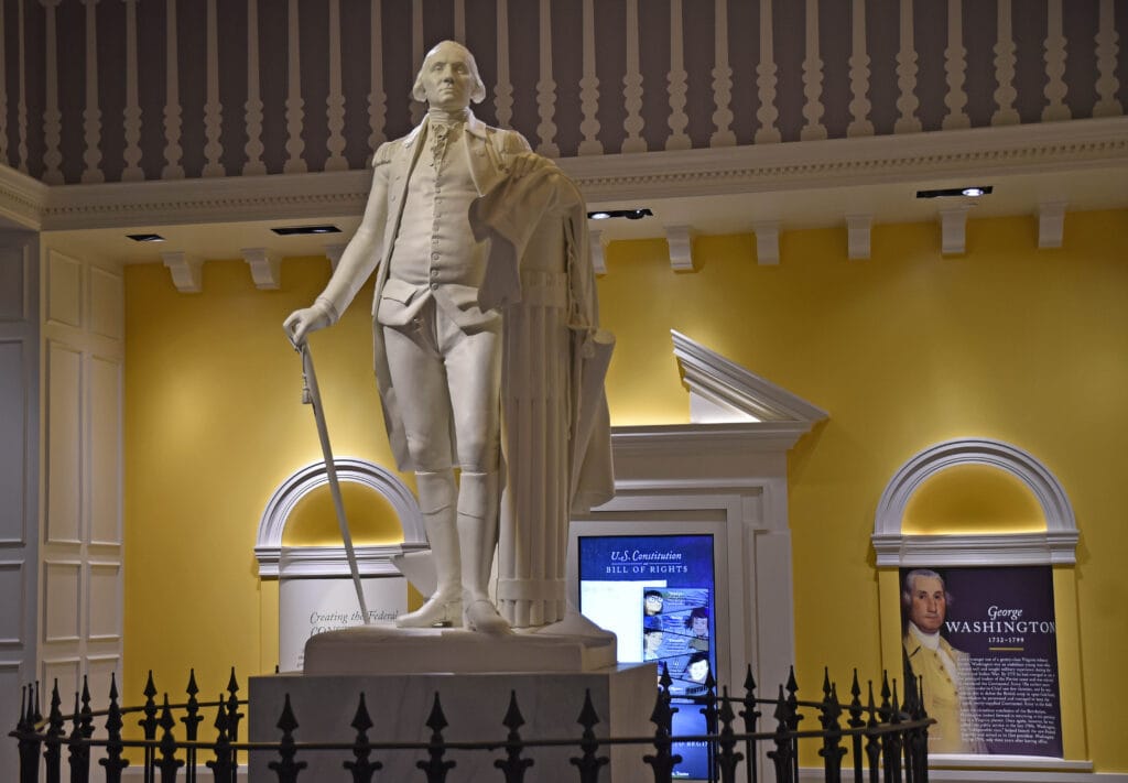 George Washington stands guard at the American Revolution Museum at Yorktown.