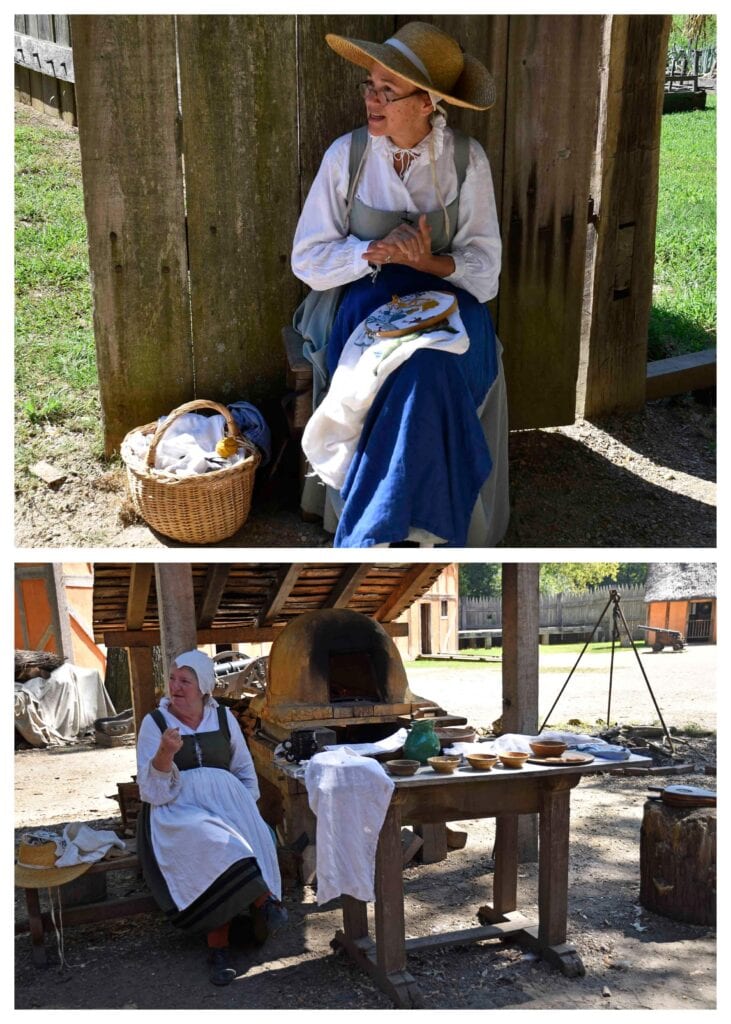Period attired interpreters tell the history of Jamestown Settlement.