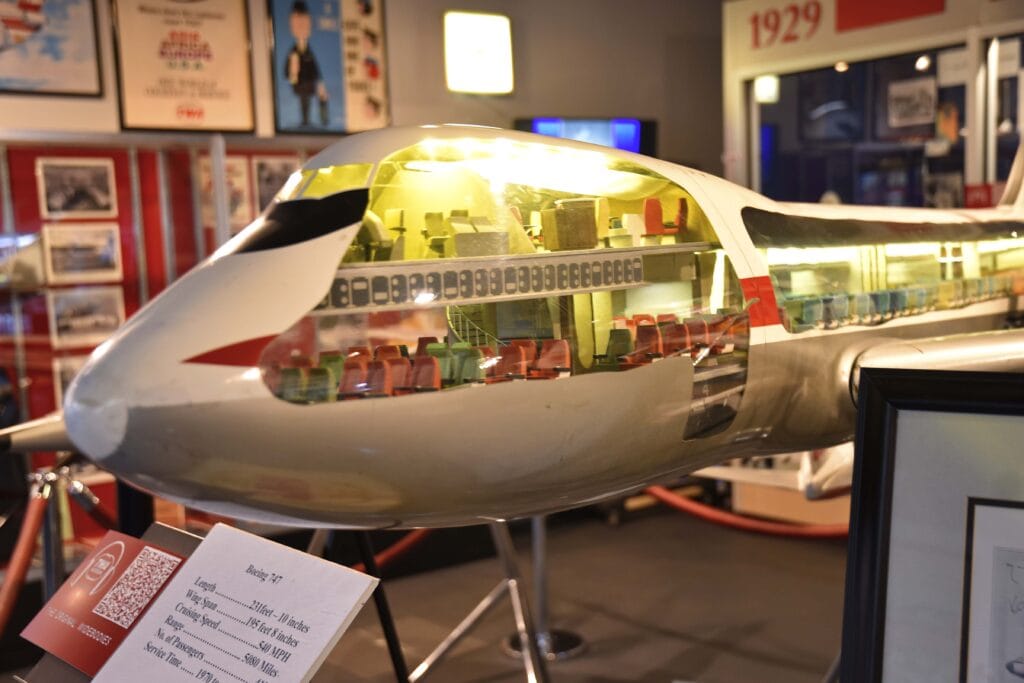 An airplane model shows the inside of a passenger plane.