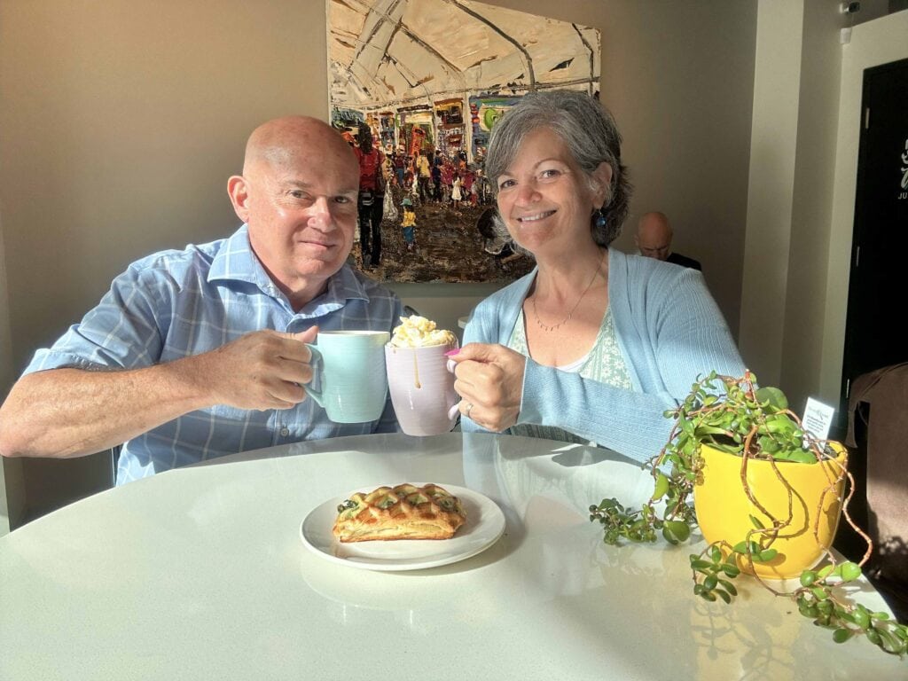 The authors enjoy lattes while scoping out the day's adventures.