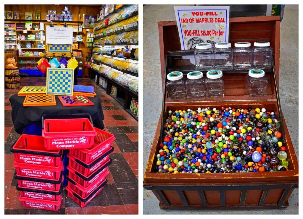Colorful marbles for sale at Moon Marble.