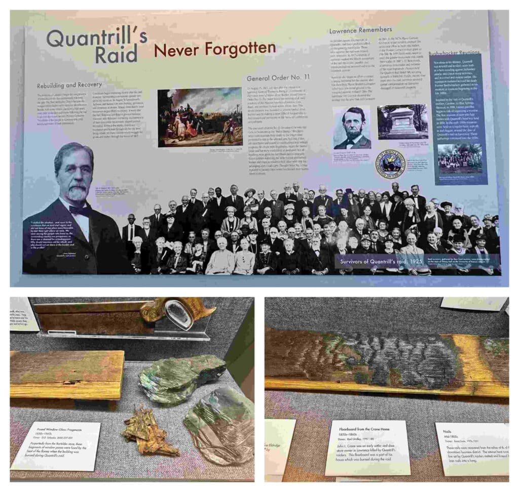 An exhibit showcases the aftermath of Quantrill's Raid on Lawrence.