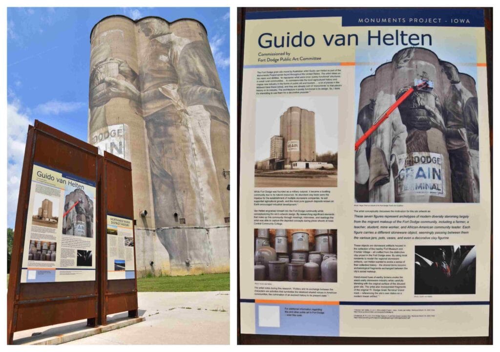 A placard tells the story of the artist and his mural on a 100' silo in Fort Dodge, Iowa.