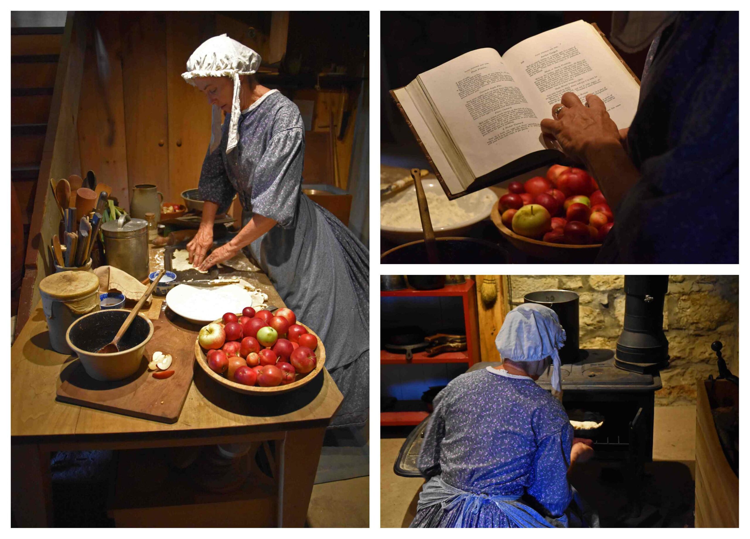 A reenactor bakes apple pies in the basement kitchen.