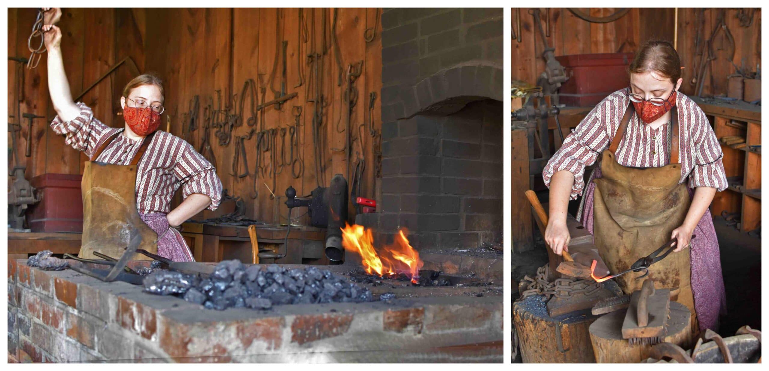 A blacksmith heats and works iron.