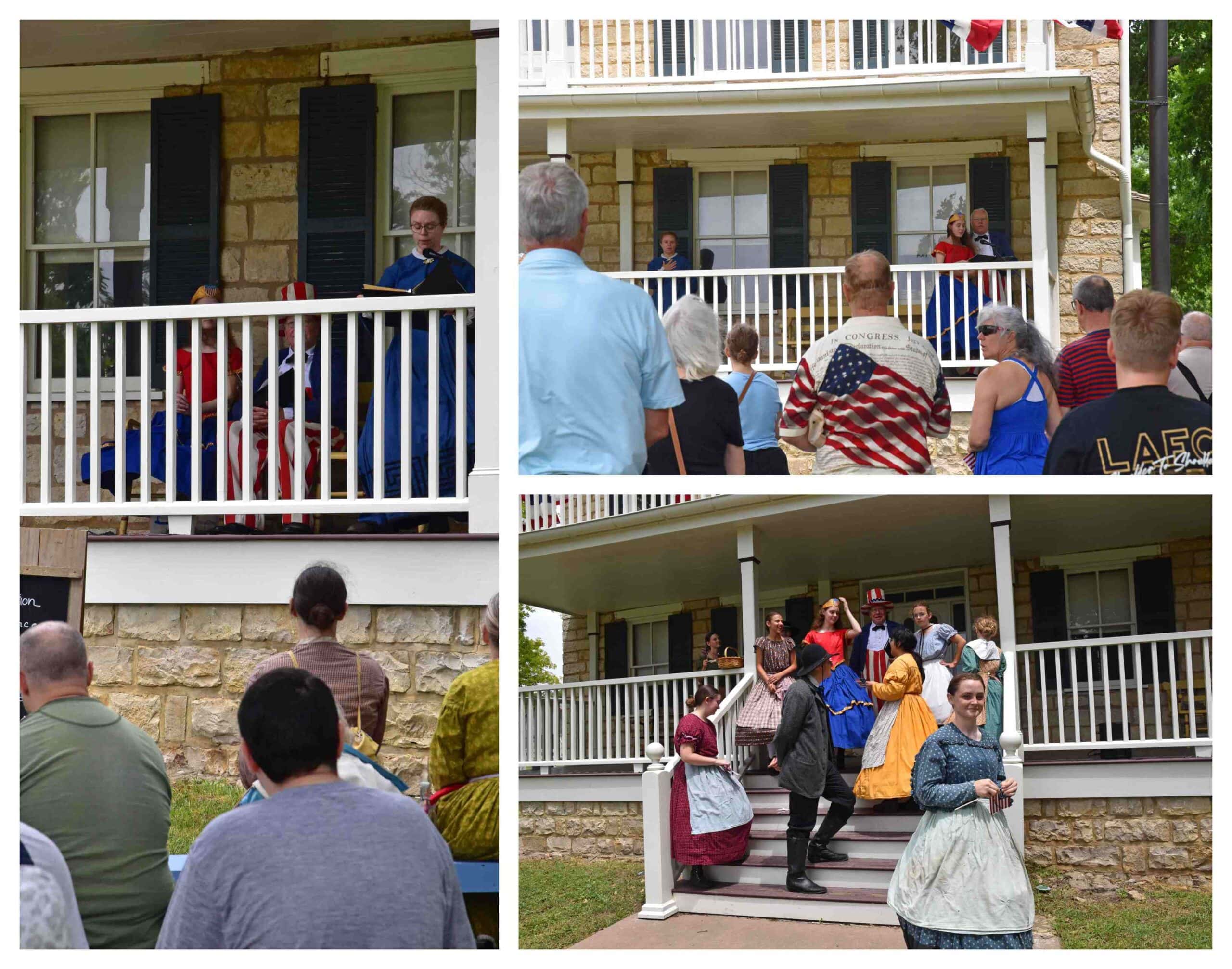 A crowd gathered at the Mahaffie Stagecoach Stop to hear patriotic speeches and songs.
