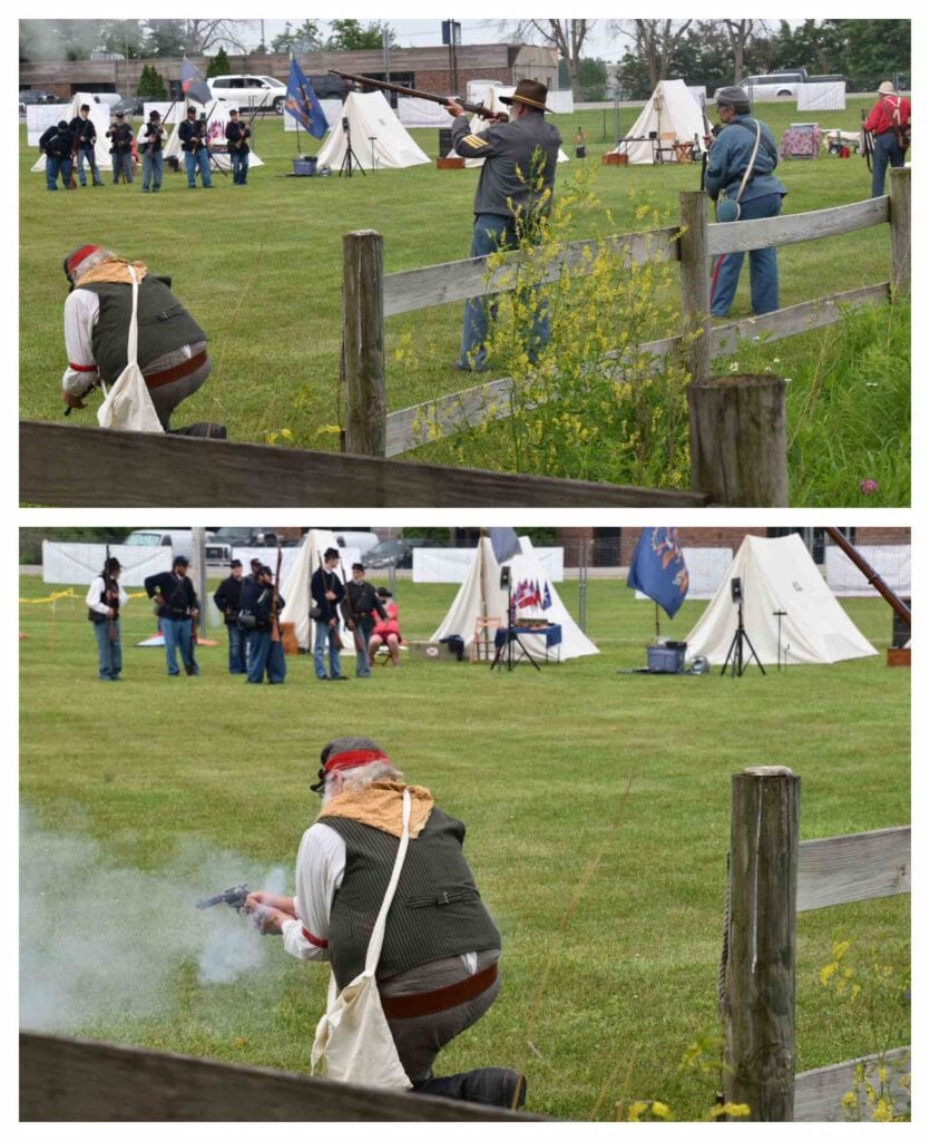 The reenactment of a Civil War skirmish entertains the crowds assembled at Fort Dodge Frontier Days.