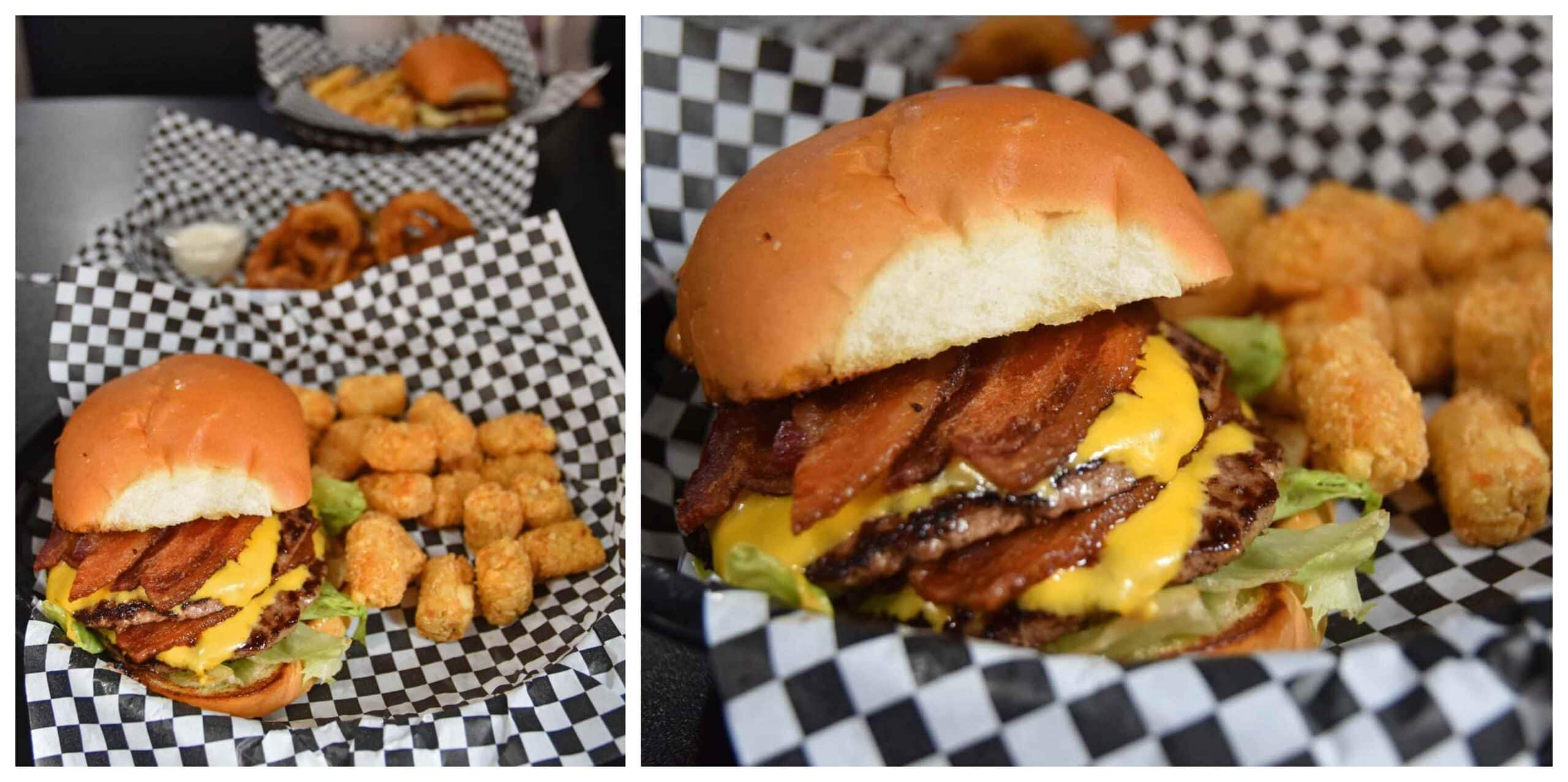 A closeup of the Fat Boy burger shows the massive amount of protein contained in this sandwich.