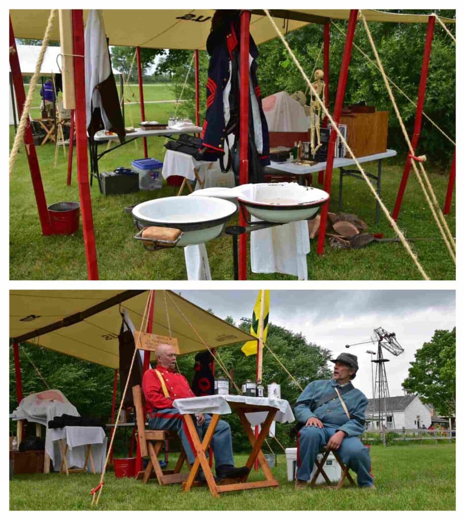 A surgeons tent is filled with the ghastly reminders of battle medicine.