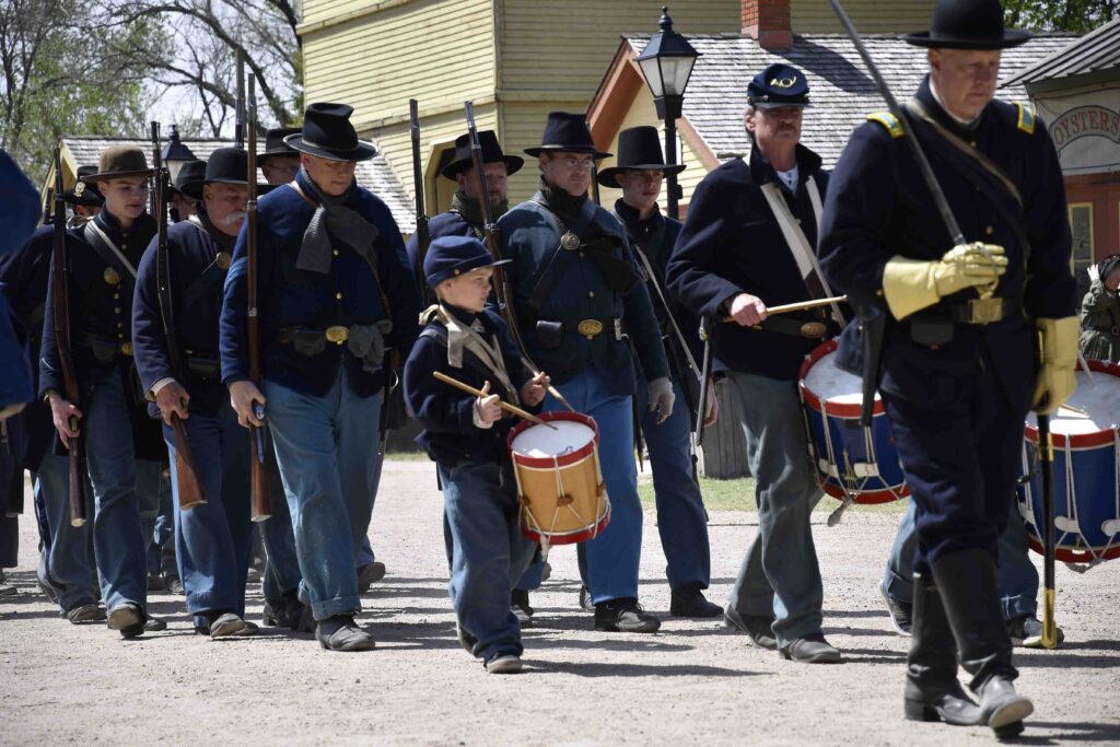 A group of Union soldiers marches to an engagement at one of many Civil War Border War sites.