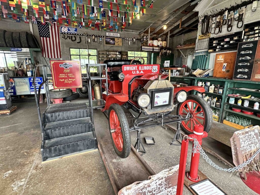 The Dwight, Illinois service station, which has been decorated to resemble a full-service station at the height of Route 66 popularity.