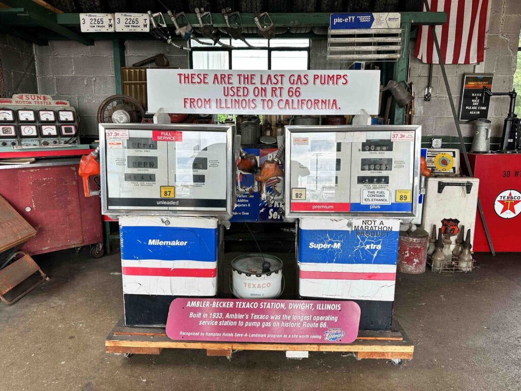 An image of the last two gas pumps to be in service at one of the Illinois Route 66 filling stations.