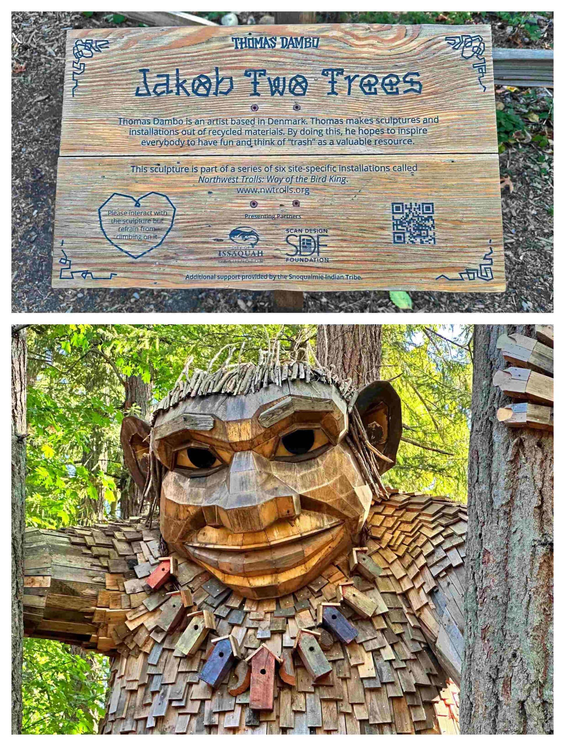 The signage identifies this troll as Jakob Two Trees.