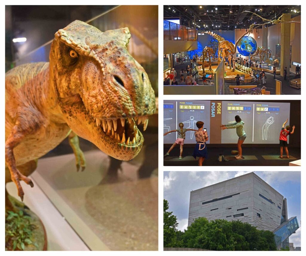 The Perot museum has a modern exterior and amazing dinosaur exhibits.