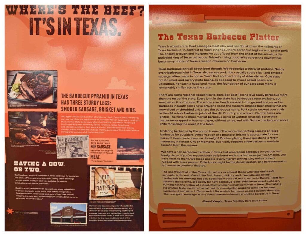 A display detailing the standards for authentic Texas BBQ , which includes plenty of beef.