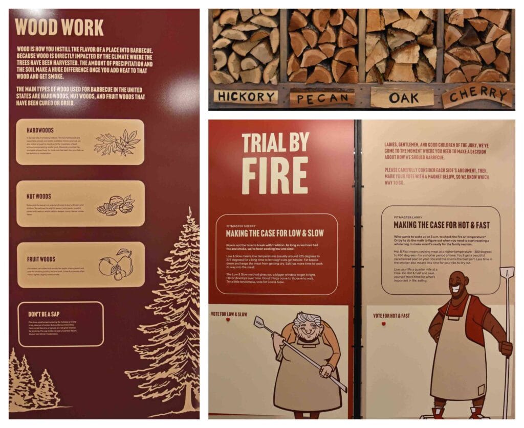An exhibit teaches visitors about the various woods used for smoking meats.