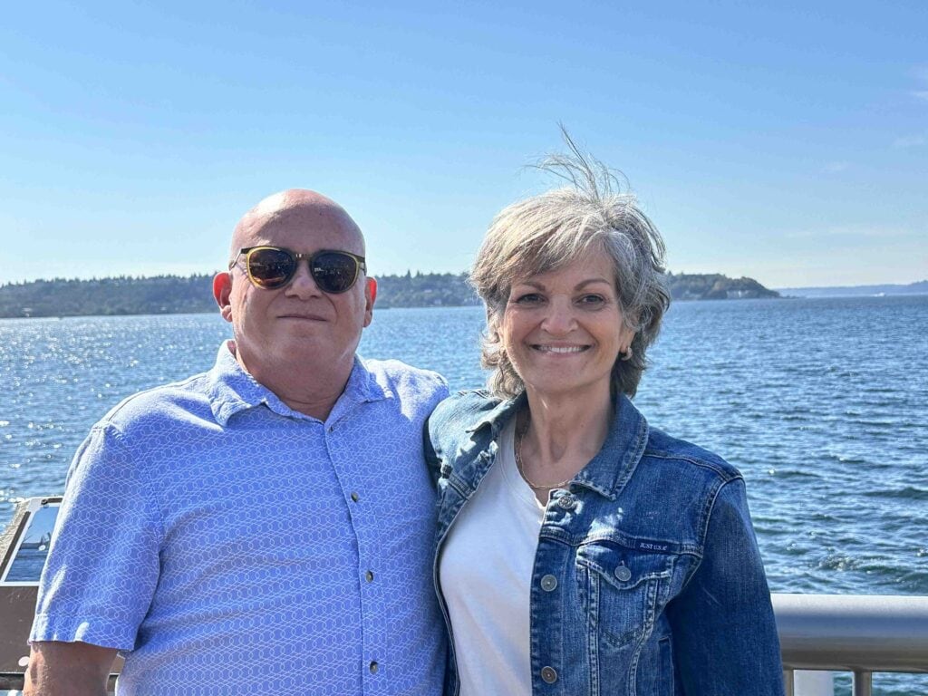 The authors pause by the water after a visit to the Museum of Pop Culture.