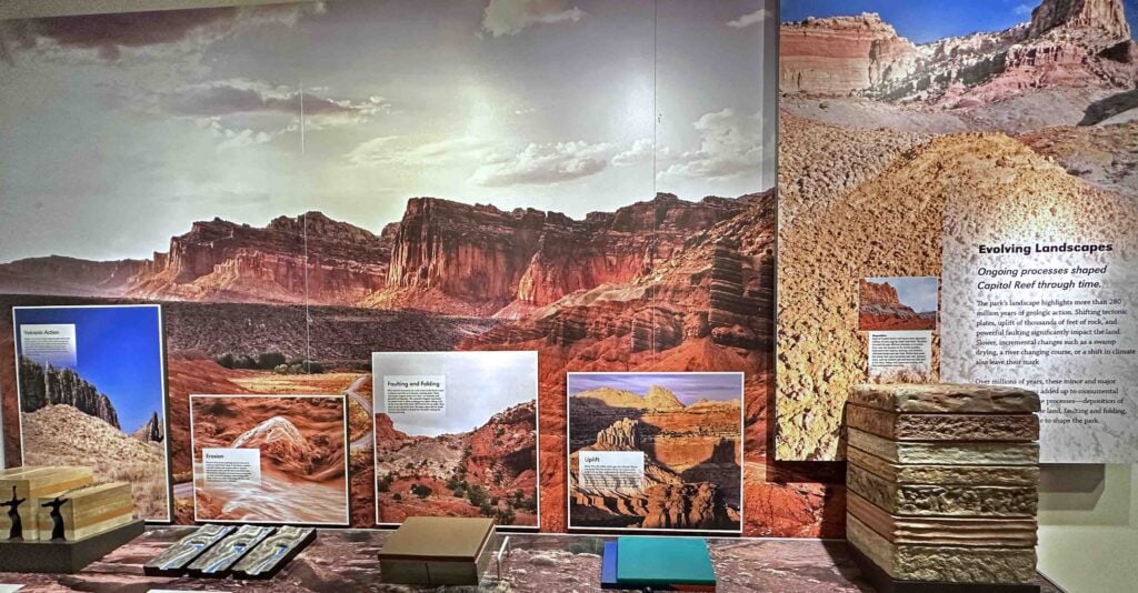 An exhibit inside the Capitol Reef Visitors Center walks visitors through the ever-changing landscape.