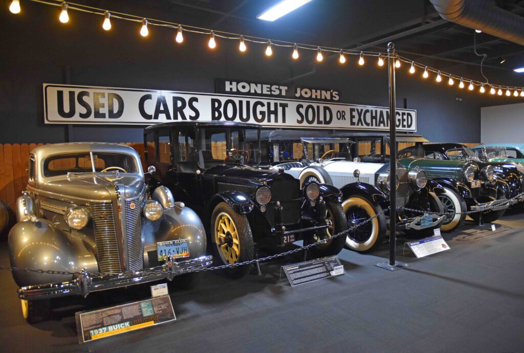 An assembly of classic American automobiles at the National Auto Museum in Reno, Nevada.