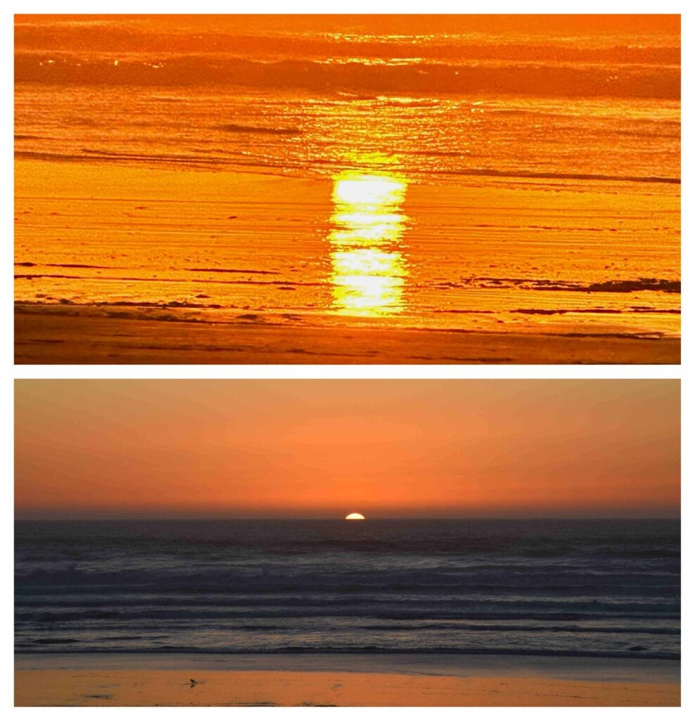 The bright orange from an Oregon Coast sunset reflects off the ocean waves.