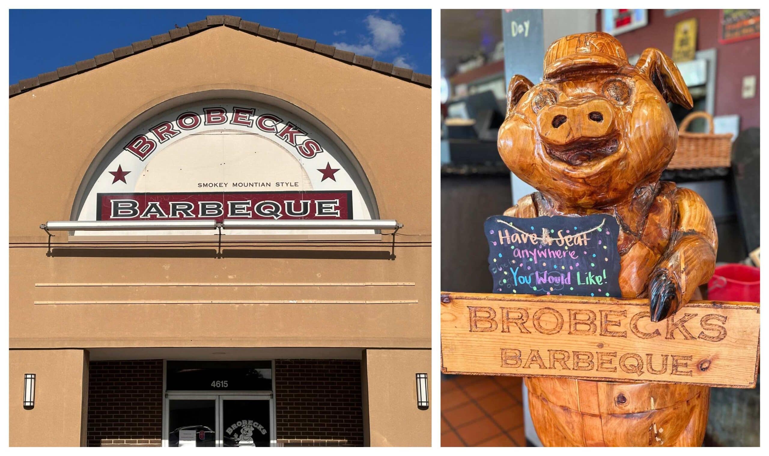 The xterior and a sign denoting Brobeck's Barbeque, in Kansas City.