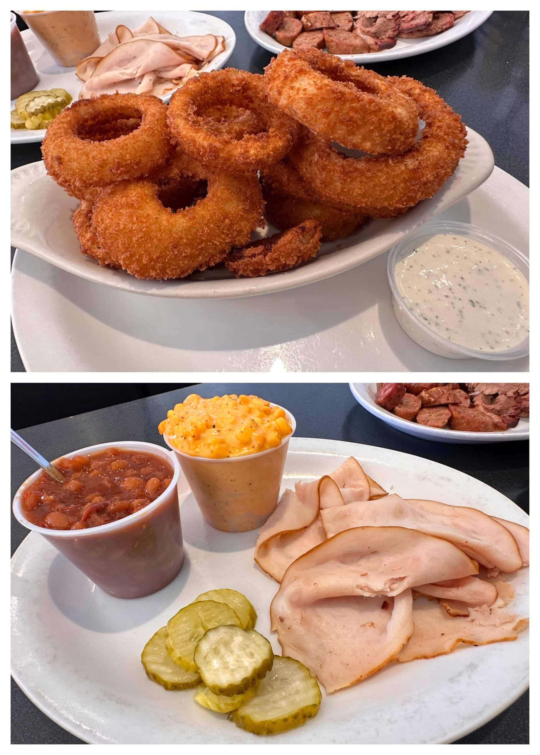 Side dishes of crispy onion rings, smoky barbecue baked beans, and creamy cheesy corn took our meal to the next level.