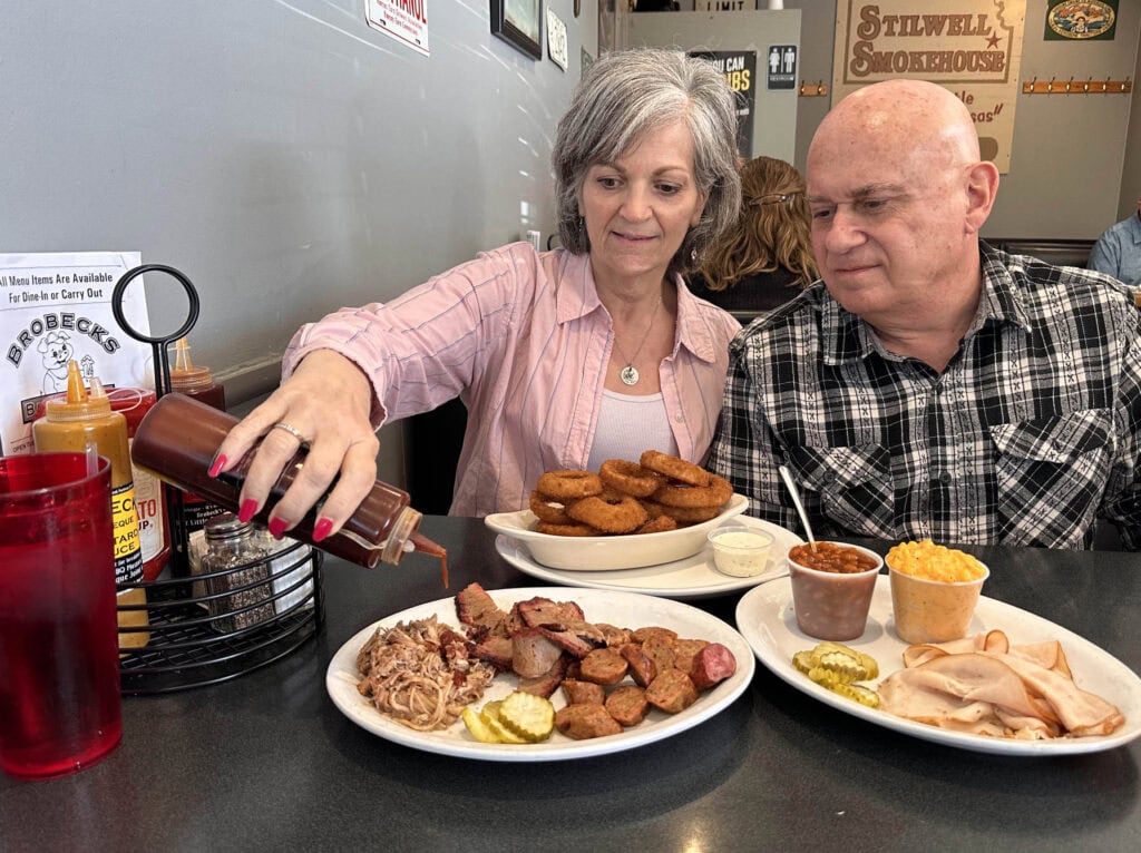 The authors prepare to dine on a meal at Brobeck's barbeque.
