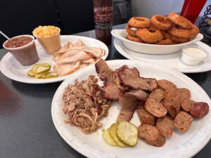 This table full of smoky goodness was found at Brobeck's Barbeque, in Kansas City.
