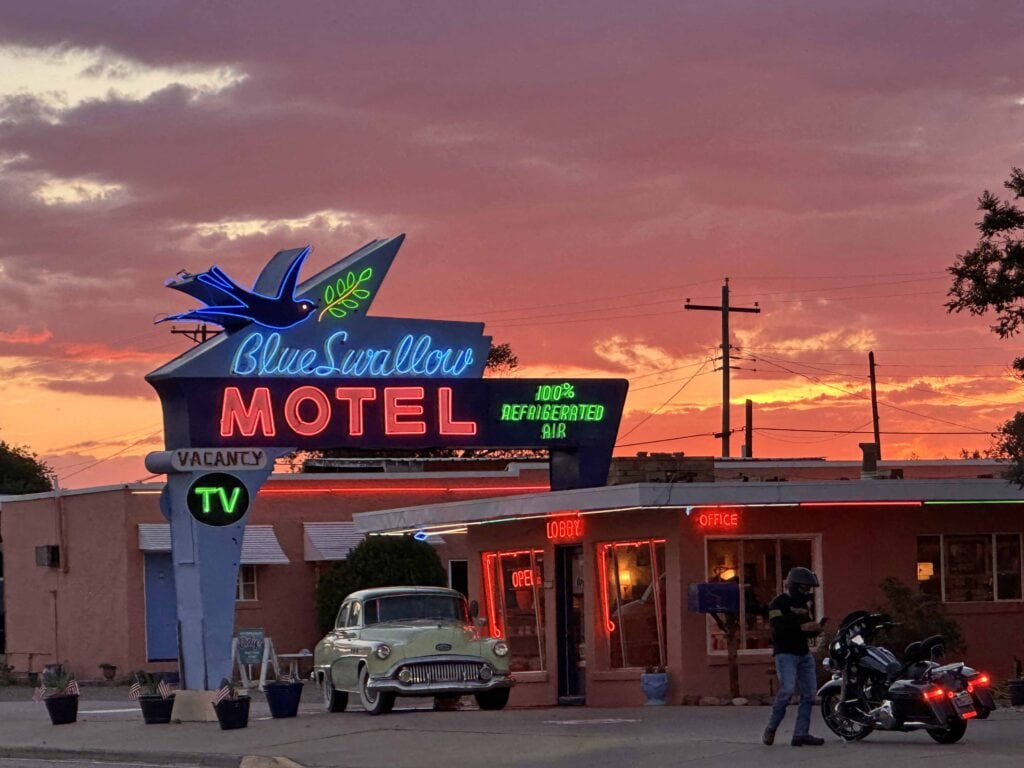 The neon lights of iconic Route 66 motels can be found in Tucumcari.