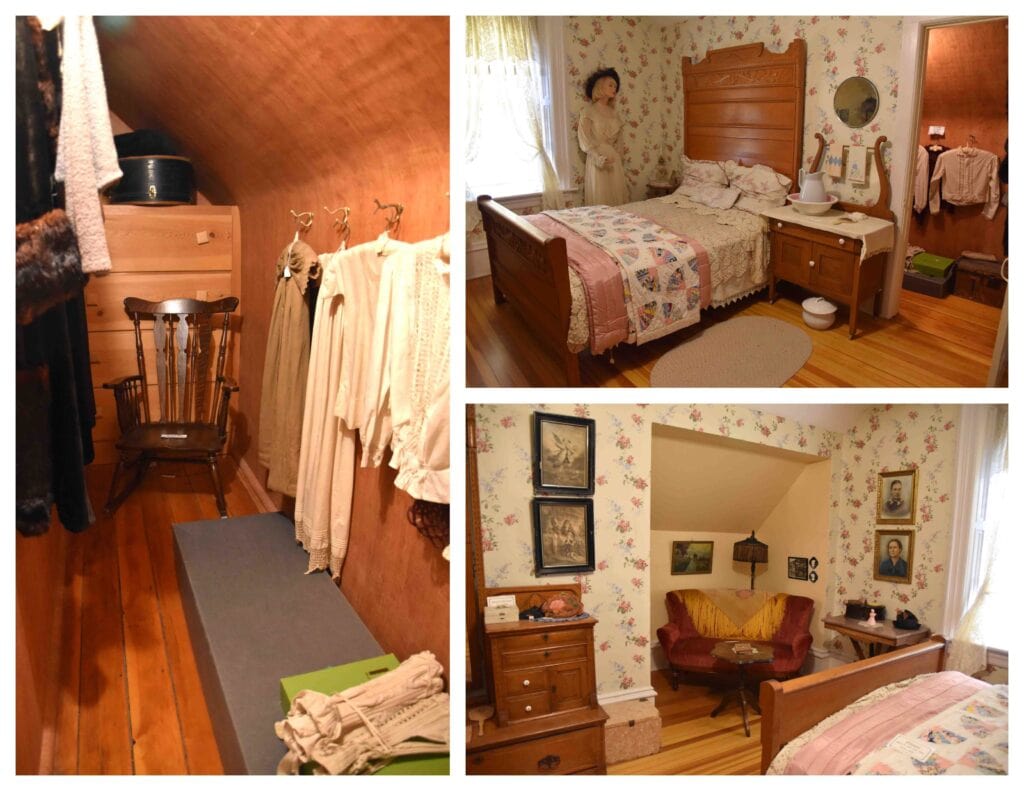 This bedroom showcases the comforts of living on the prairie, including an interior closet.