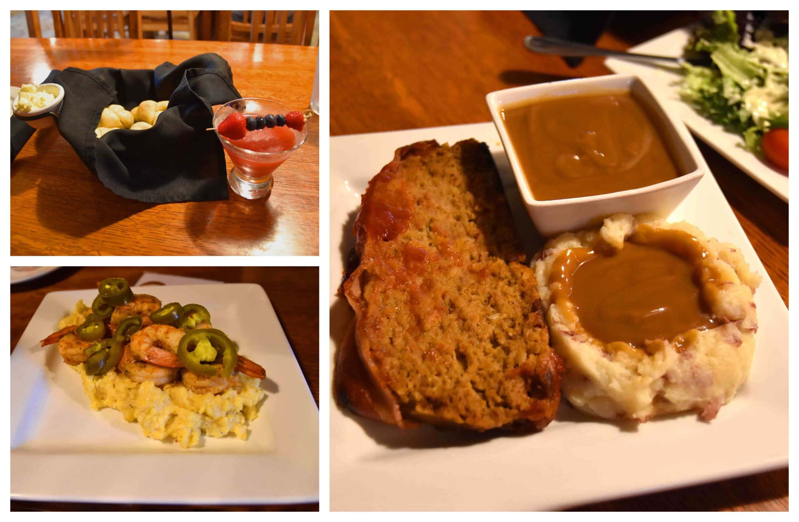 Our dinner included Shrimp and Grits and a Meatloaf plate.