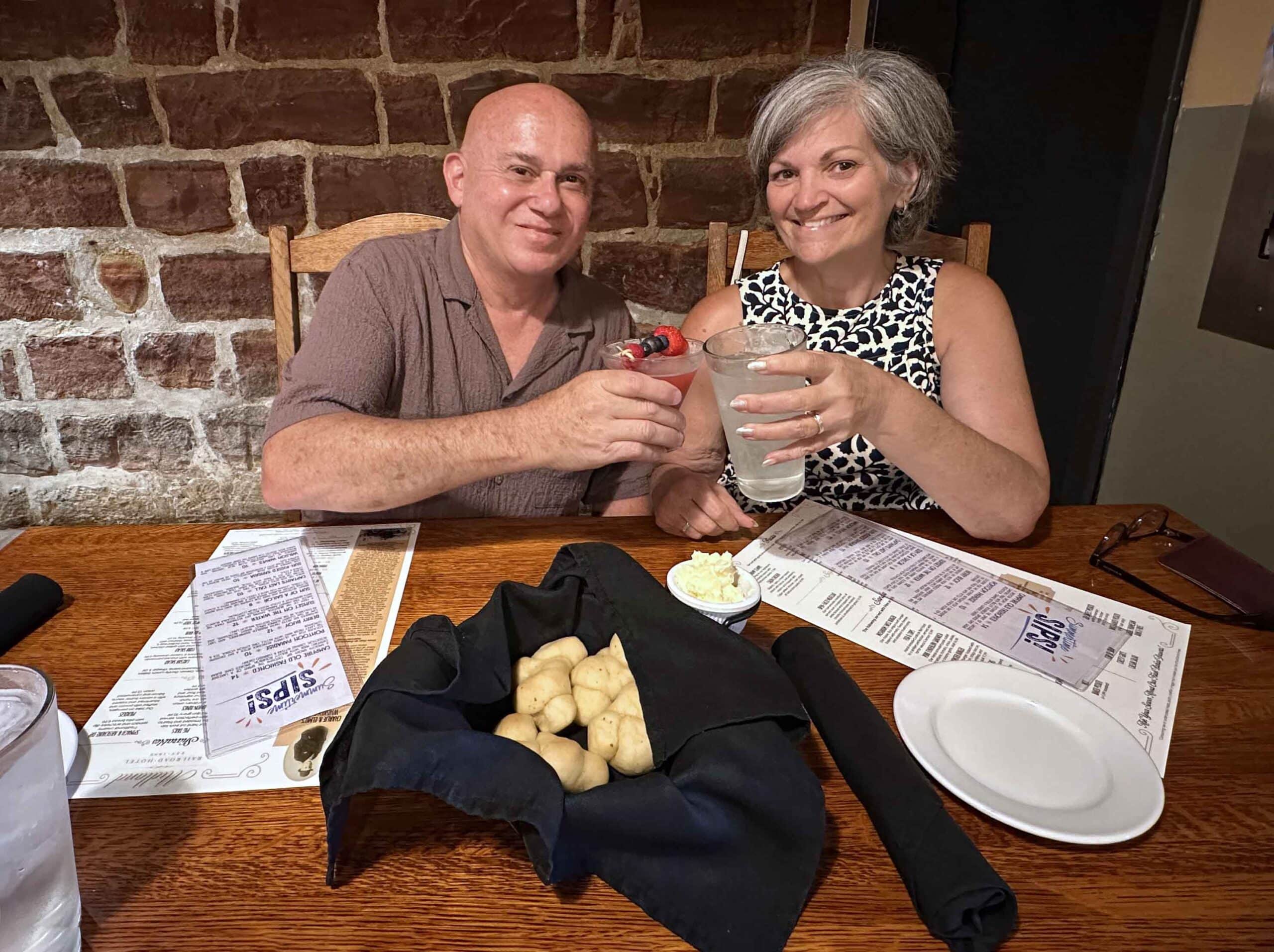 The authors toast their visit to Midland Railroad Hotel.