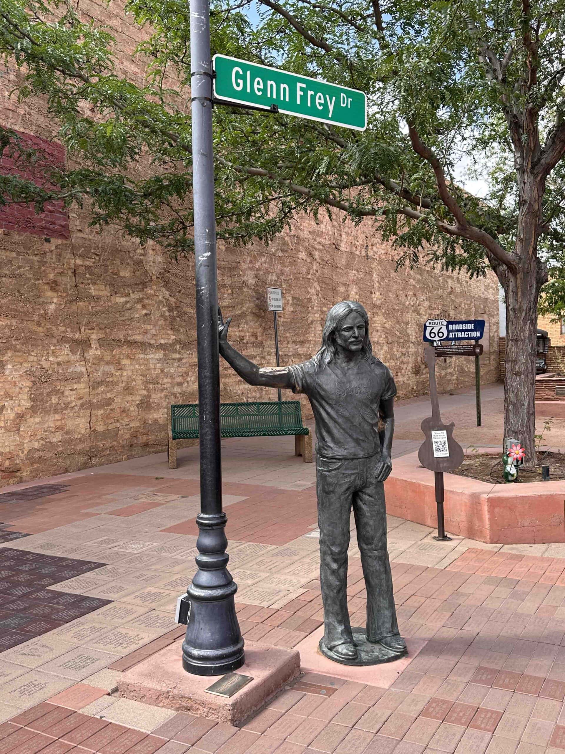 An honorary statue memorializes Glenn Frey of Eagles fame.