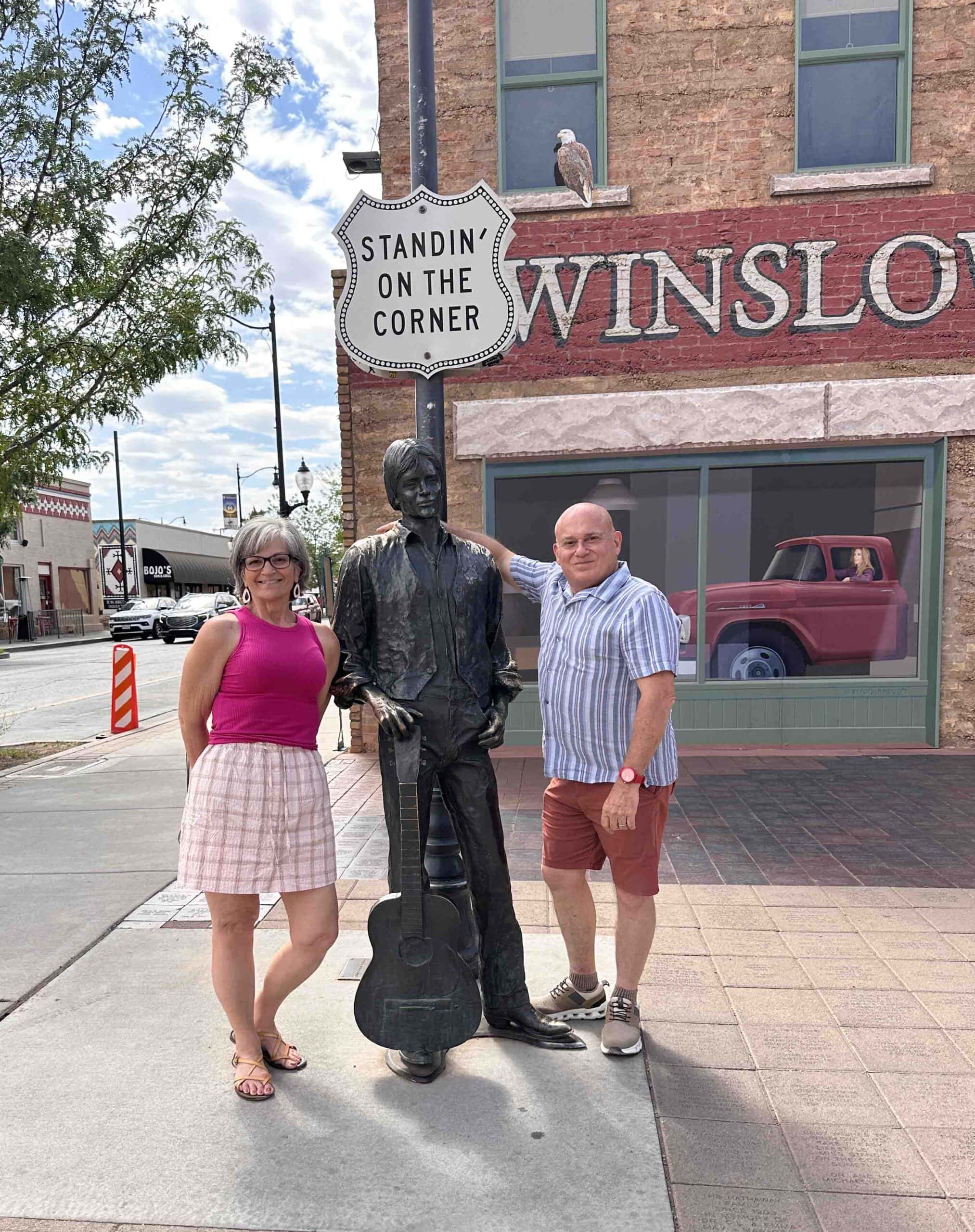 The authors take their turn posing at Standin' on the Corner Park.